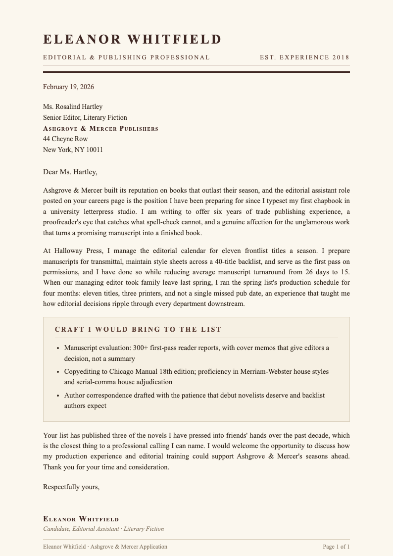 Heritage letterpress cover letter